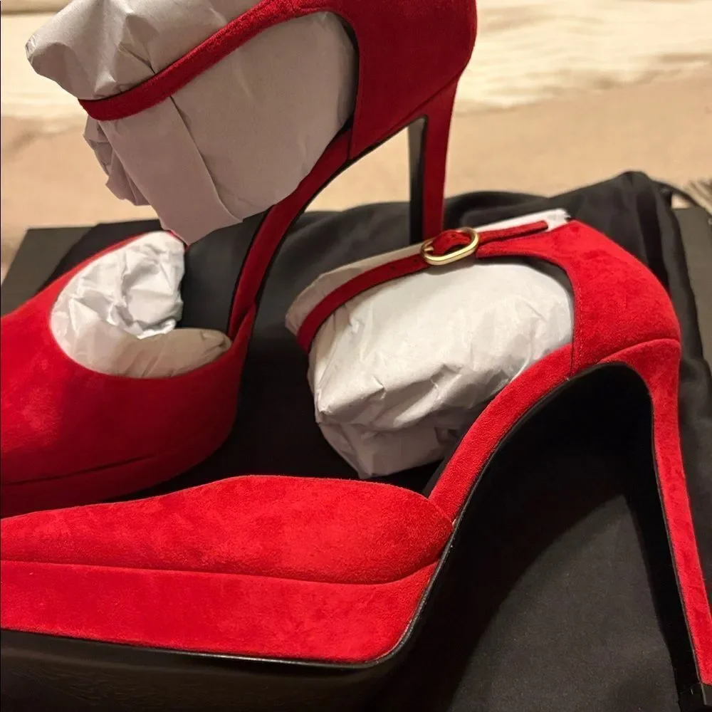 NWT Natori Red Suede Ankle Strap Heels - Brand  new in the box $275